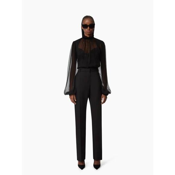 Nina Ricci Tops - Nina Ricci Ruffled High Neck Crinkled Silk Muslin Blouse in Black 36 US 4